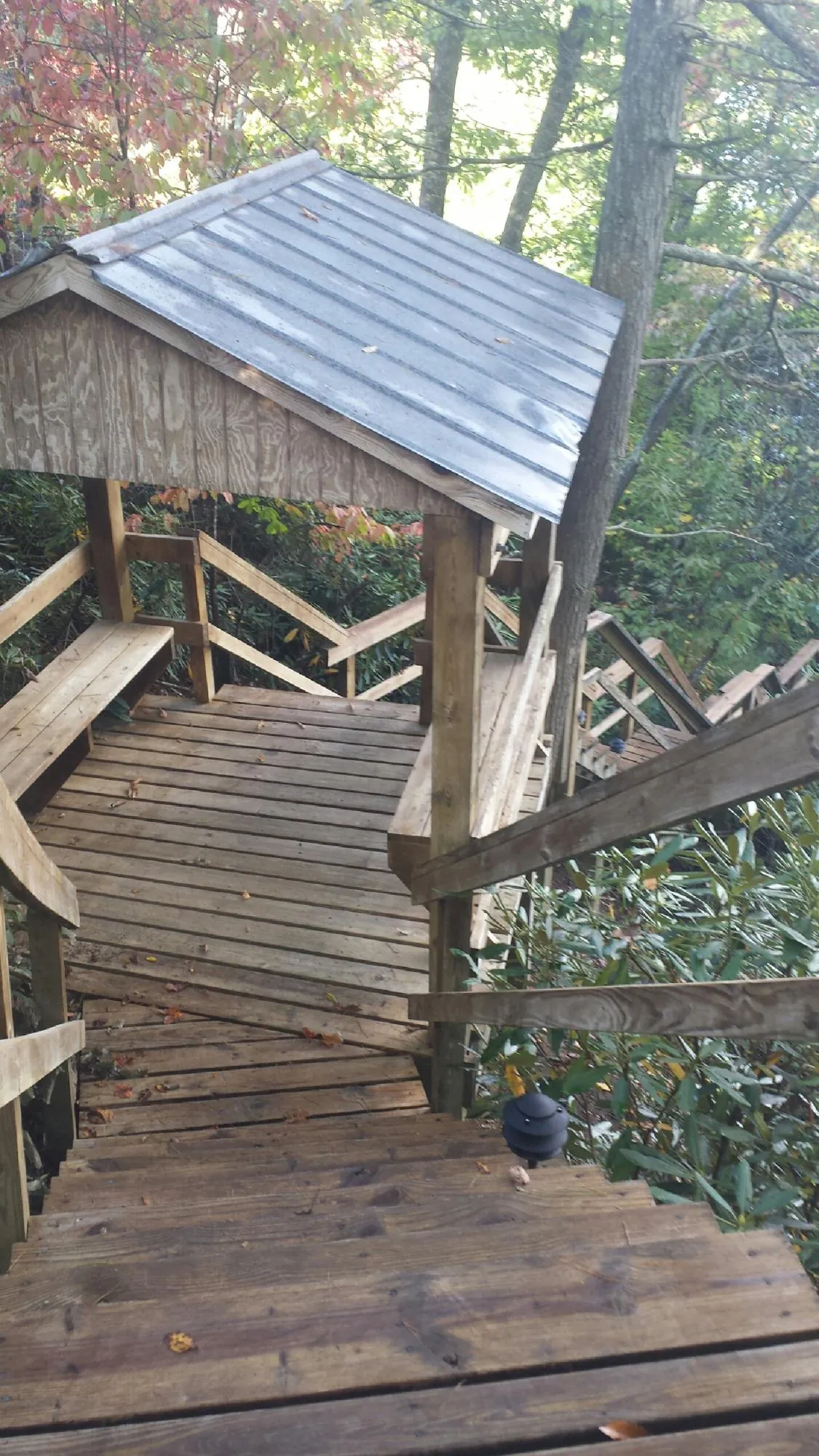 Metal roofed shelter over wooden steps on a wooded walkway — Skylight Repair & Installation work by our crew in Apison